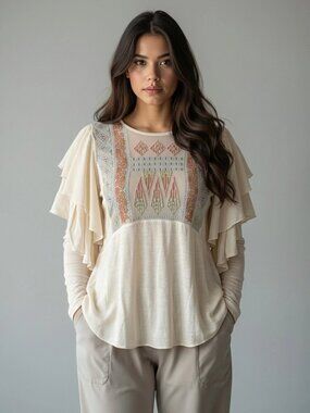 Free People Ivory Embroidered Ruffle Sleeve Top
